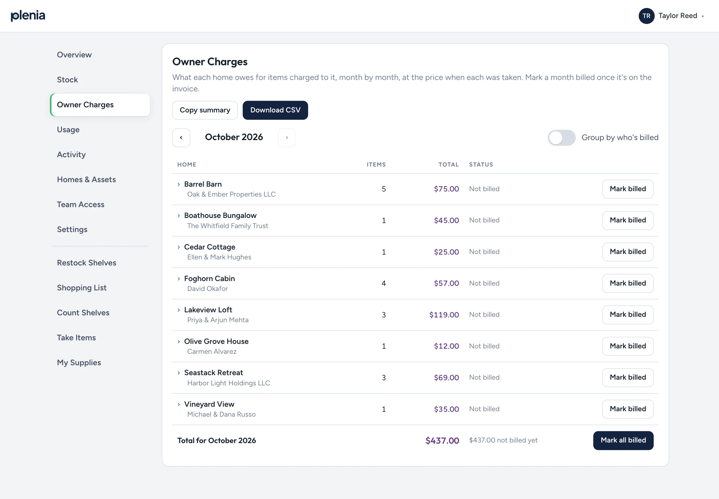 The Owner charges screen in Plenia, with sample data