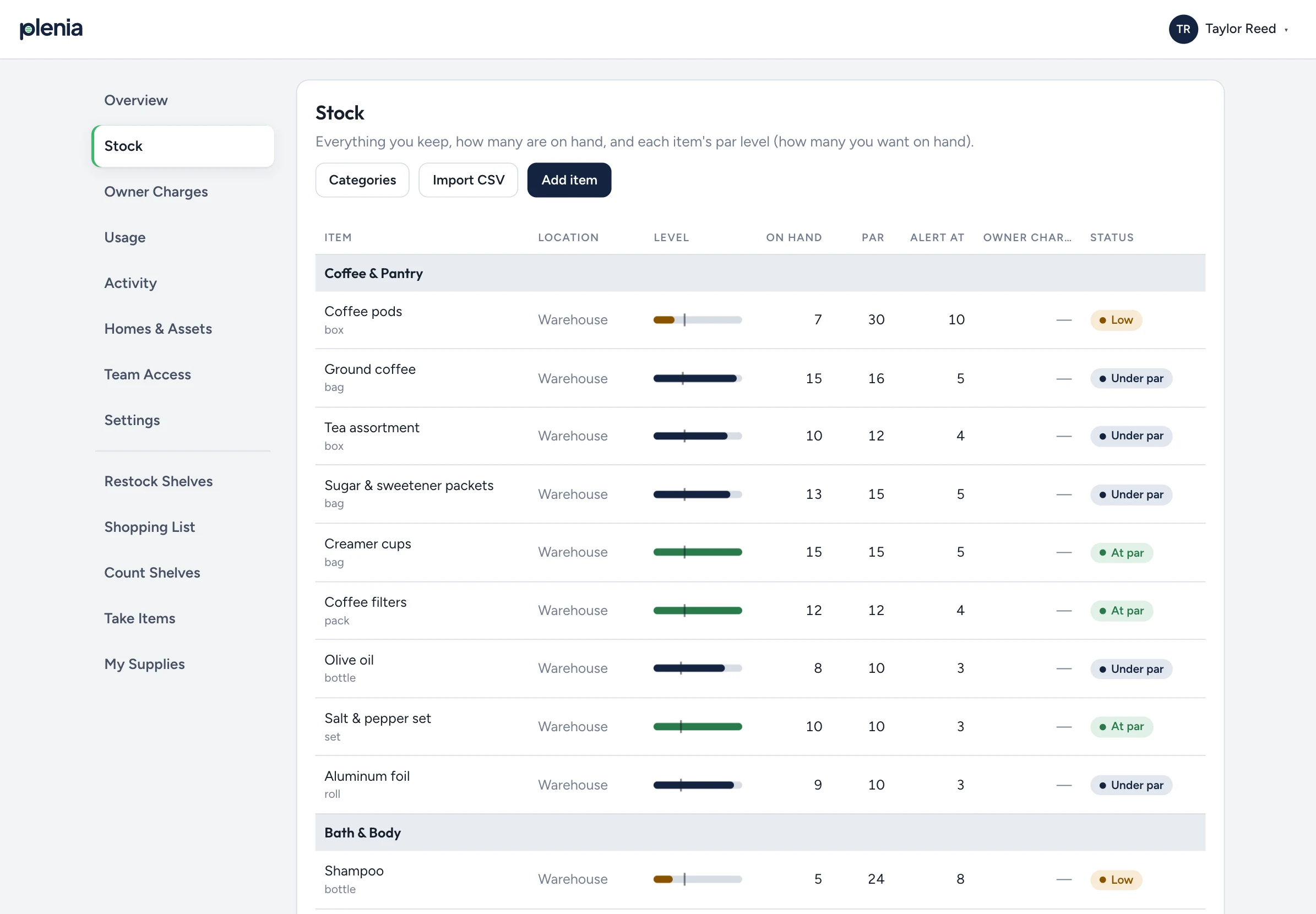 The Stock screen in Plenia, with sample data