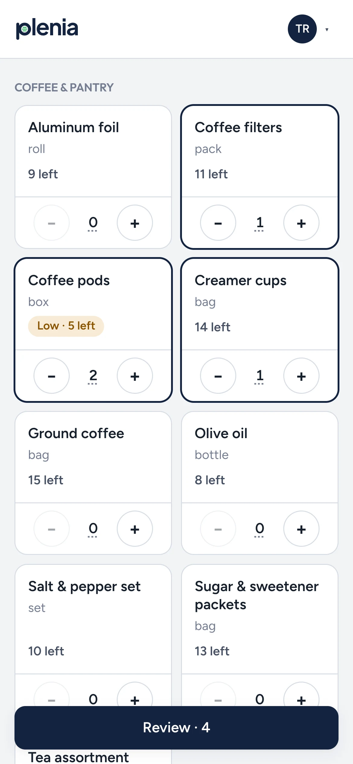 Plenia's Take items screen on a phone